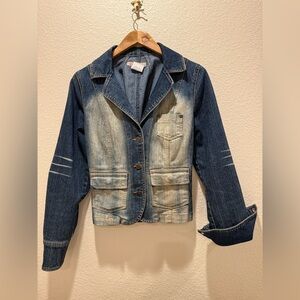 Vintage Y2K Paris Blues Denim Blazer Jacket Fitted Distressed Medium Wash